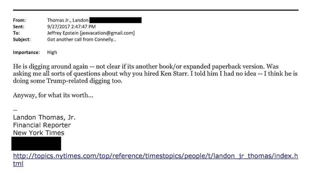 Email exchange between Landon Thomas Jr (financial reporter at NYT) and Jeffrey Epstein dated 9/27/17