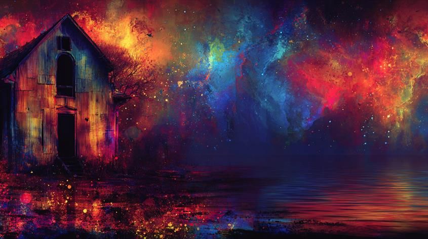 Horizon Spectral.
Cabane spectrale aux reflets incandescents, face à un ciel cosmique éclaté de couleurs surnaturelles.
Spectral shack with glowing reflections, facing a cosmic sky bursting with supernatural colors.