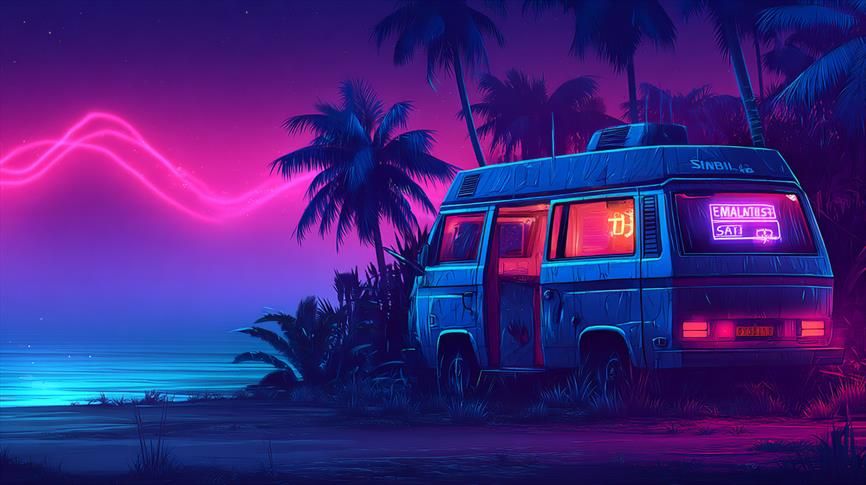 Mirage Électrique.
Scène rétrofuturiste d’un van lumineux garé sous des palmiers au bord de l’océan, baignée de teintes violettes et bleutées avec des ondes lumineuses roses dans le ciel.
Retrofuturistic scene of a glowing van parked beneath palm trees by the ocean, bathed in violet and blue hues with pink light waves in the sky.