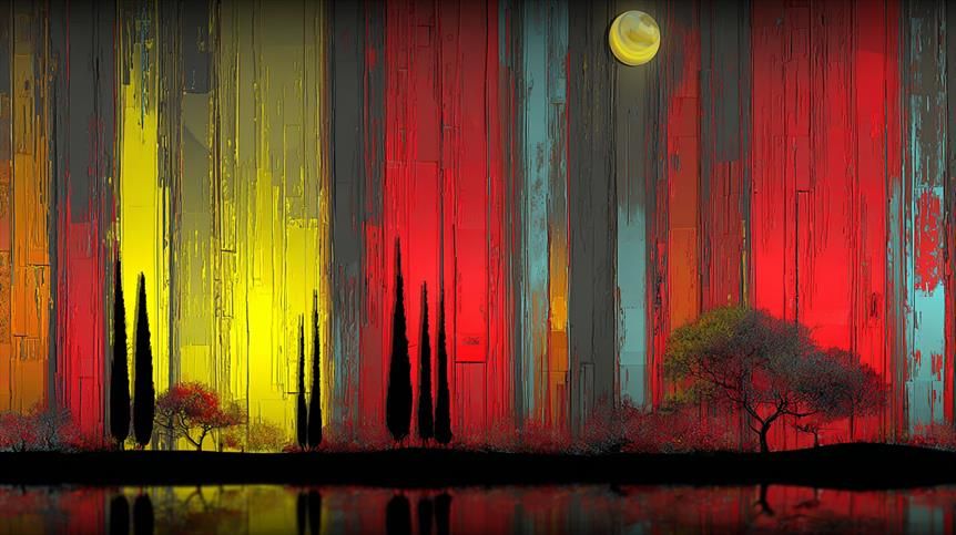 Bosquet Chromatique.
Paysage abstrait de silhouettes d’arbres noirs sur fond de colonnes colorées et lunaires aux teintes vives rouge, jaune et bleu.
Abstract landscape of black tree silhouettes set against vertical bands of vivid red, yellow, and blue under a stylized moon.