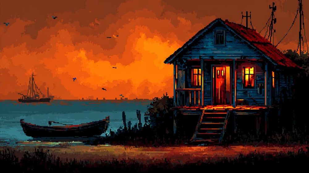 Cendres du couchant.
Cabane éclairée au bord de l’eau, baignée par une lumière rougeoyante, avec une barque solitaire et un ciel embrasé de fin du monde.
Warm-lit cabin by the water, bathed in glowing red light, with a lone boat and an apocalyptic burning sky.