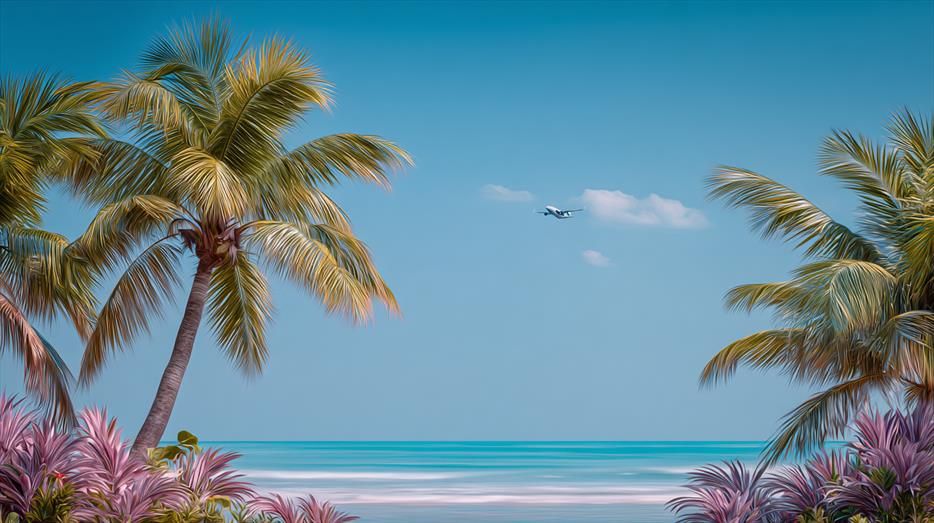 Élévation Tropicale.
Plage tropicale sous un ciel bleu éclatant, encadrée de palmiers luxuriants tandis qu’un avion s’élève vers l’horizon.
Tropical beach under a bright blue sky, framed by lush palm trees as a plane ascends into the horizon.