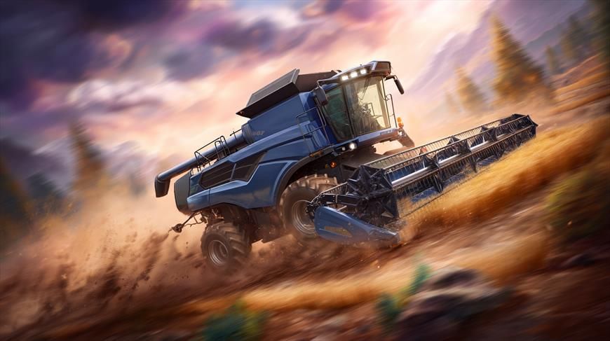 Vitesse de Récolte.
Moissonneuse bleue fonçant à travers un champ, soulevant poussière et épis sous un ciel dramatique.
Blue harvester racing through a field, kicking up dust and grain under a dramatic sky.