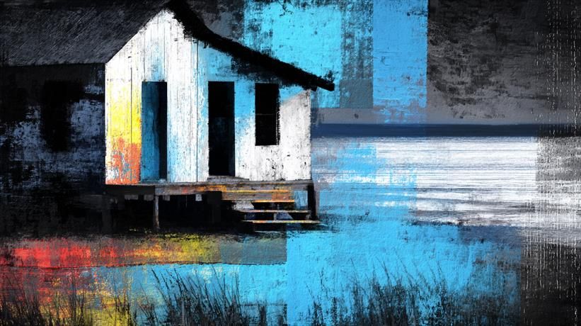 Rivage Chromatique.
Cabane blanche aux reflets colorés, sur pilotis face à une mer abstraite aux textures vibrantes.
White shack with colorful reflections, on stilts facing an abstract sea with vibrant textures.