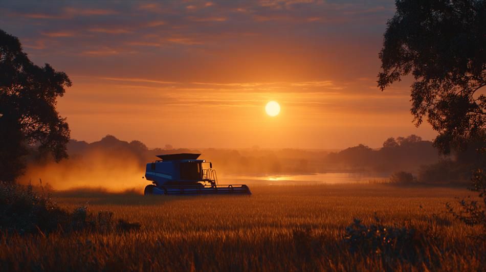 Moisson du Crépuscule.
Moissonneuse-batteuse solitaire traversant un champ doré au coucher du soleil, baignée dans une lumière chaude et enveloppante.
Lone harvester crossing a golden field at sunset, bathed in warm and enveloping light.