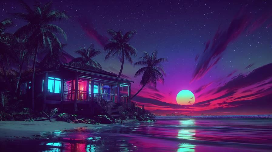 Dérive Solaire.
Cabane tropicale éclairée sur une plage au crépuscule avec un ciel étoilé et un coucher de soleil violet et turquoise.
Tropical cabin lit up on a beach at dusk with a starry sky and a violet-turquoise sunset.