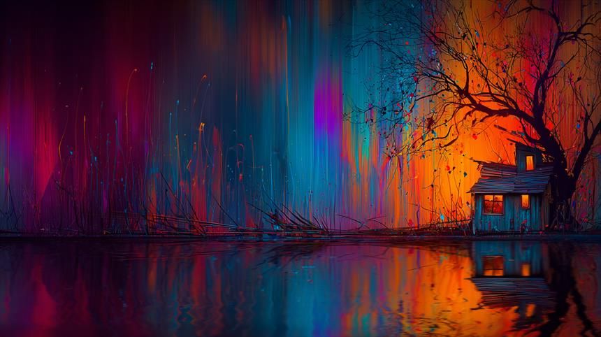 Floraison du Crépuscule.
Cabane en bois solitaire au bord de l’eau, baignée dans un océan de couleurs fluorescentes et de lumière surnaturelle.
Lonely wooden shack by the water, bathed in a sea of fluorescent colors and otherworldly light.