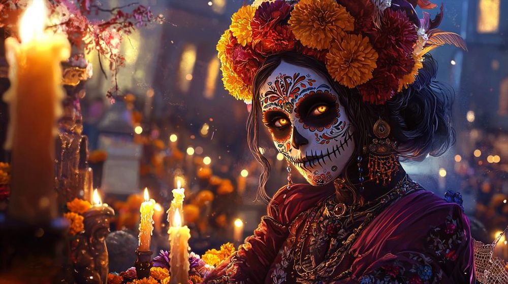 🇫🇷 Femme maquillée en calavera, entourée de bougies et de fleurs orangées, dans une ambiance nocturne et sacrée inspirée du Día de los Muertos.
🇬🇧 Woman painted as a calavera, surrounded by candles and orange flowers, in a nocturnal and sacred atmosphere inspired by the Día de los Muertos.