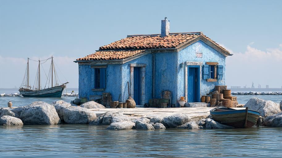 Refuge azuré.
Maison bleue rustique en bord de mer avec barque et voilier, entourée de rochers et baignée de lumière marine.
Rustic blue seaside house with a boat and sailboat, surrounded by rocks and bathed in coastal light.
