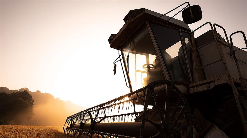 Acier et Aube.
Vue rapprochée d'une moissonneuse baignée dans la lumière du matin, silhouette marquée et détails métalliques.
Close-up of a harvester bathed in morning light, with strong silhouette and metallic detail.