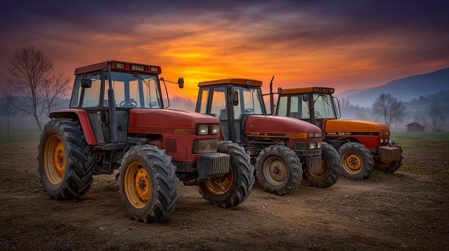 La Ligne des Tracteurs.
Trois tracteurs anciens alignés dans un champ au crépuscule, sous un ciel flamboyant.
Three vintage tractors lined up in a field at dusk, under a blazing sky.