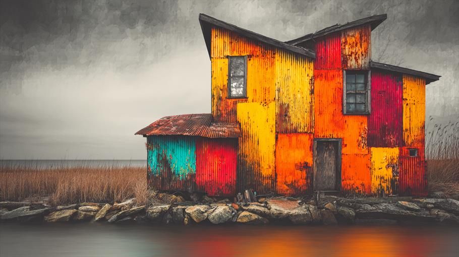 Refuge Chromatique.
Maison en tôle ondulée peinte de teintes vives au bord d’un marais calme sous un ciel orageux.
Corrugated iron house painted in vivid tones by a quiet marsh under a stormy sky.