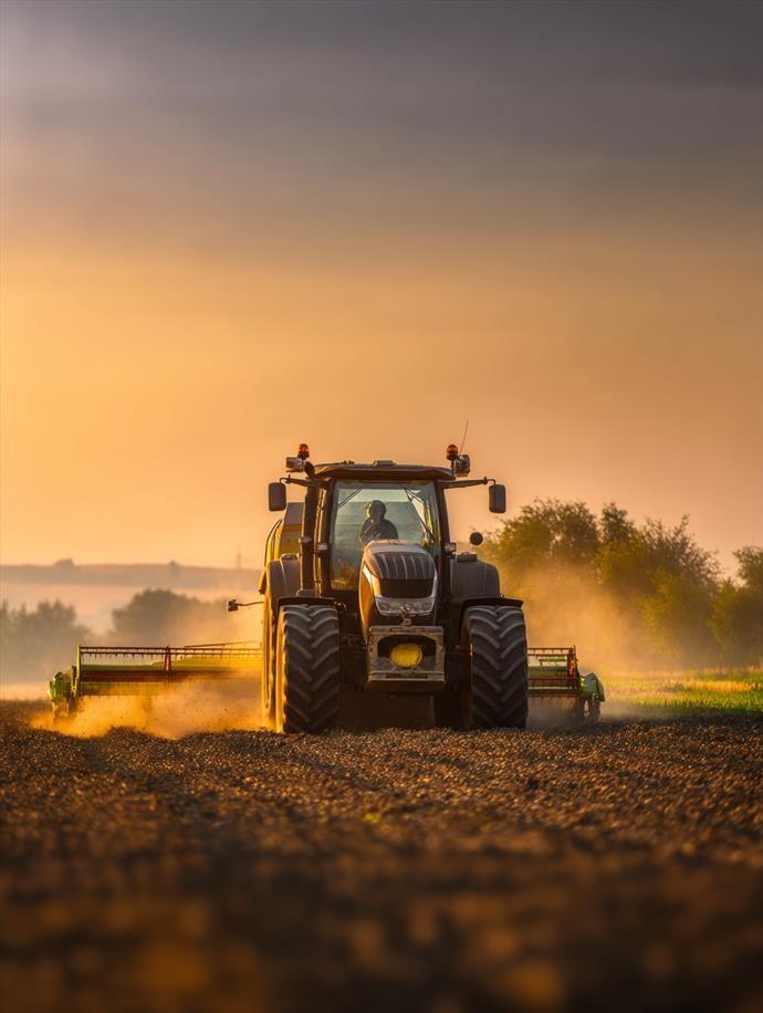 Horizon de Récolte.
Tracteur moderne labourant un champ au coucher du soleil, dégageant un nuage de poussière sous une lumière dorée.
Modern tractor plowing a field at sunset, raising a dust cloud under golden light.