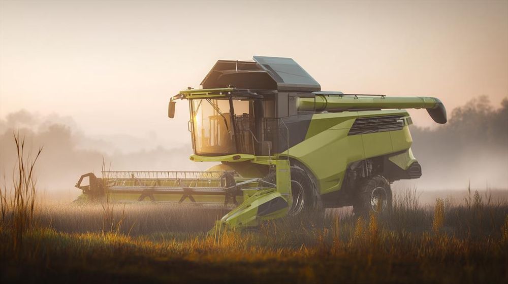Matin Mécanique.
Moissonneuse verte à l'arrêt dans un champ brumeux au lever du jour, baignée dans une lumière douce et dorée.
Green harvester resting in a misty field at dawn, bathed in soft golden light.