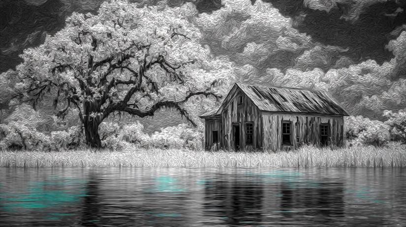 Murmures en Monochrome.
Cabane abandonnée au bord d’un lac calme, enveloppée par un grand arbre spectral sous un ciel tourmenté.
Abandoned shack by a calm lake, shrouded by a spectral tree under a stormy sky.