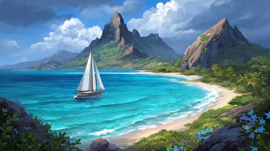 Naviguer vers la Sérénité.
Voilier solitaire naviguant dans une baie turquoise, entourée de montagnes escarpées, de plages vierges et d'une végétation luxuriante sous un ciel changeant.
Lone sailboat drifting through a turquoise bay, surrounded by rugged mountains, pristine beaches, and lush greenery beneath a shifting sky.