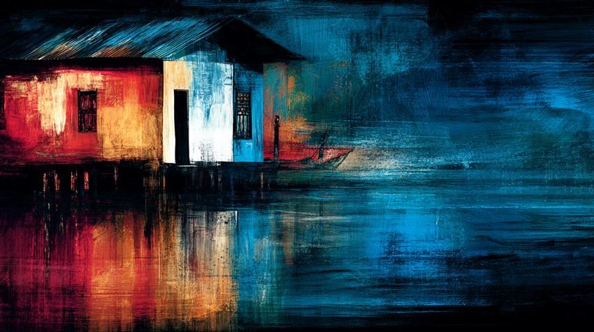 Silence Peint.
Maison solitaire au bord d’un lac calme, fusionnée dans une composition abstraite de couleurs vives et reflets liquides.
Lone house by a calm lake, merged into an abstract composition of vivid colors and liquid reflections.