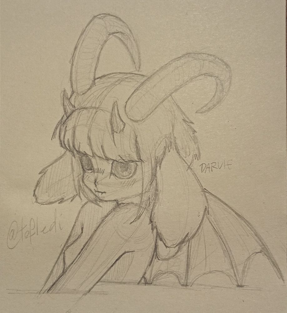 Pencil sketch of a character resembling a humanoid goat, with two pairs of demon horns (one small and one bigger and slightly curled), as well as bat wings. They have a short, messy bob hairstyle. Their pose suggests a shy personality, as their shoulders are pushed forward and their head is facing down. 