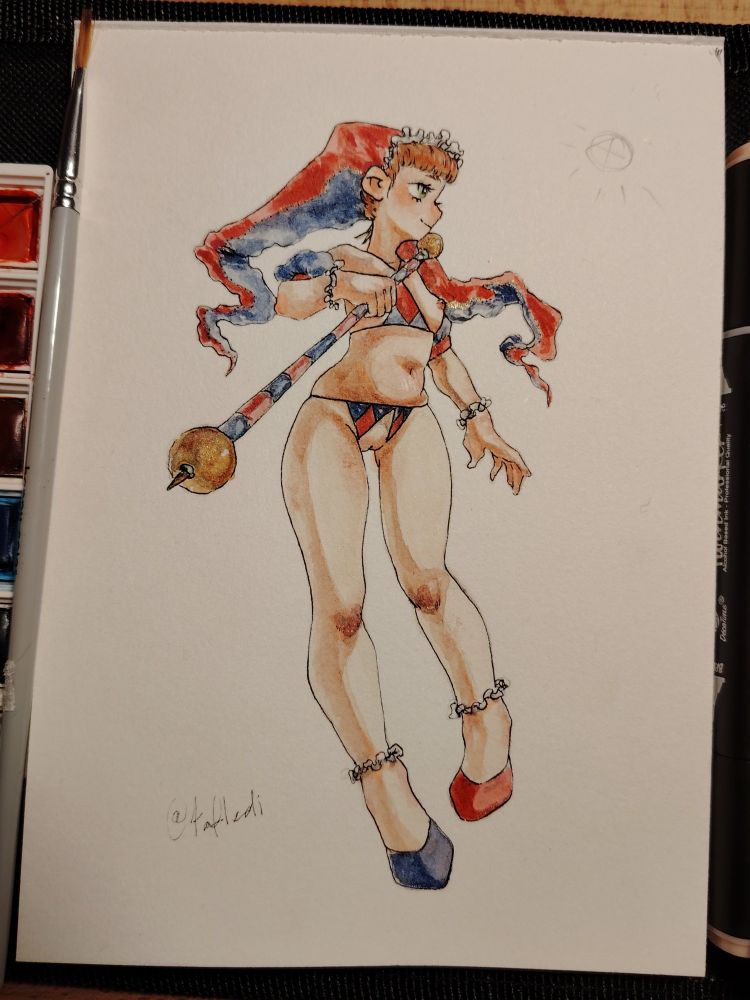 A clown in blue and red lingerie