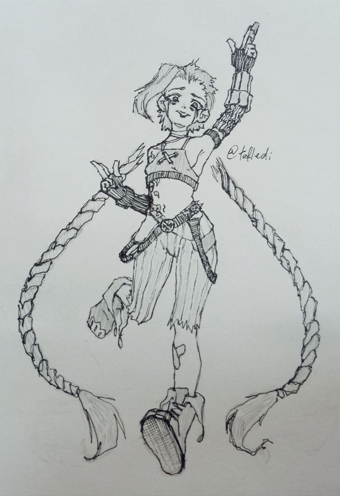 Jinx from League of Legends "Arcane" season 2; in a dynamic pose; her hair cut with the braids falling away from her head, making fingerguns