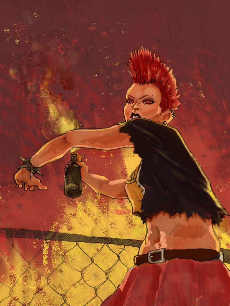 a girl in a cropped yellow shirt and dark brown torn jacket, as well as a red skirt and belt; almost throwing a Molotov cocktail at the viewer. She has a red mohawk hairstyle, with a lot of face and ear piercings, as well as a studded bracelet. the background is just a bunch of flames