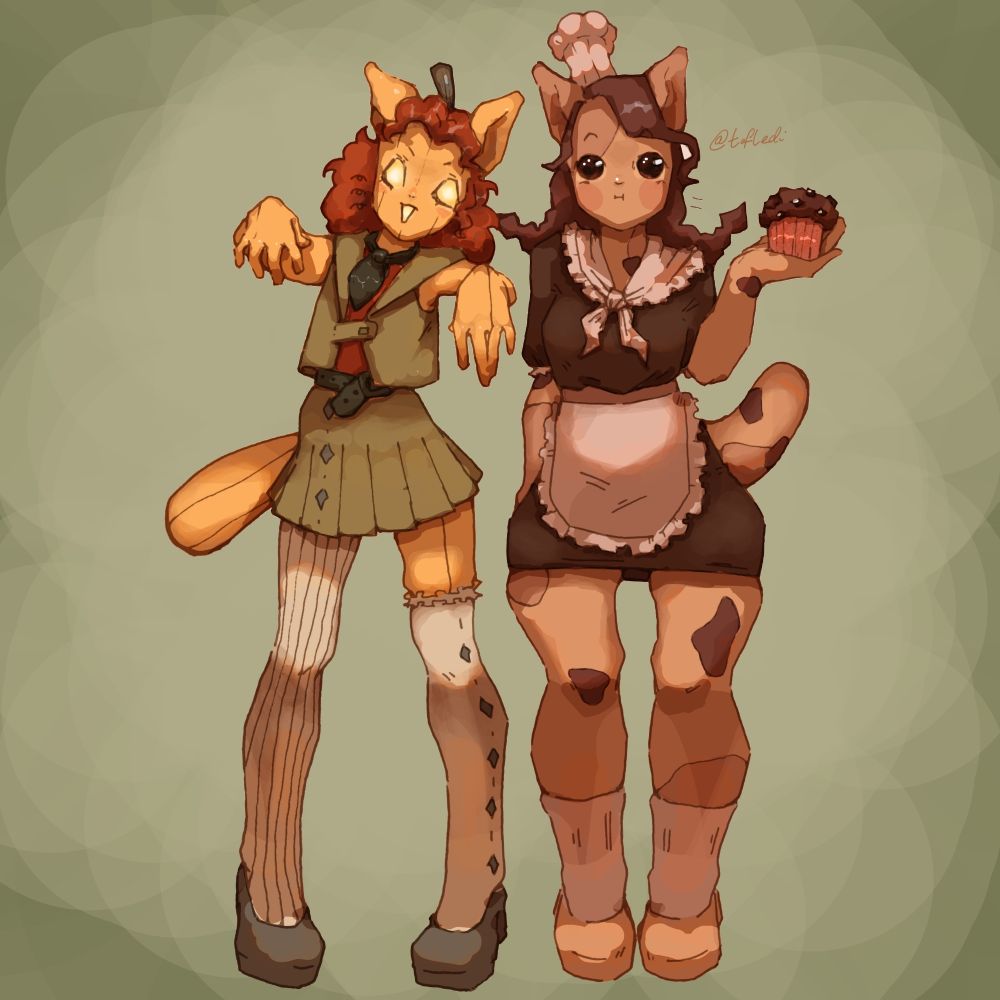 two humanoid cats (left one resembling a jack-o-lantern, right one a cookie/cookie dough) standing beside eachother.