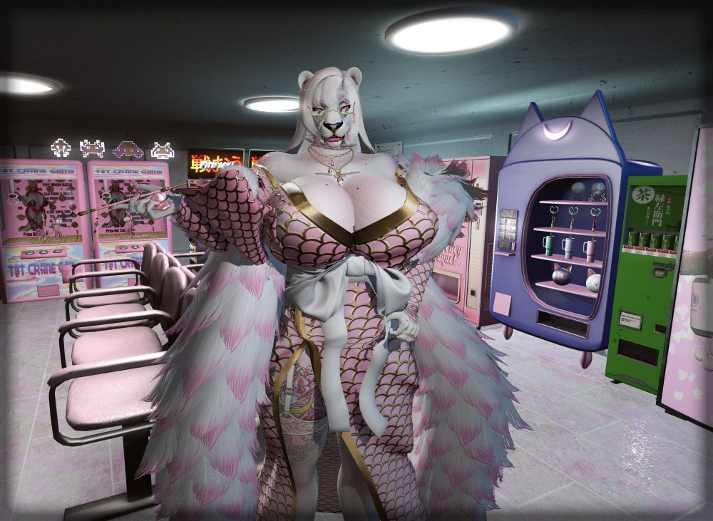 A tiger in a pink kimono stands in a rest center, vending and arcade machines line the walls in the background. 