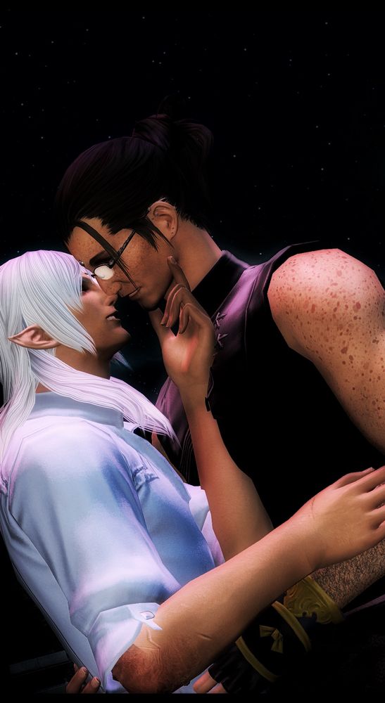 A romantic nighttime shot of Maxima and Estinien. Estinien is holding Maxima’s chin and they’re both smiling, Maxima holding Estinien by the small of his back. 