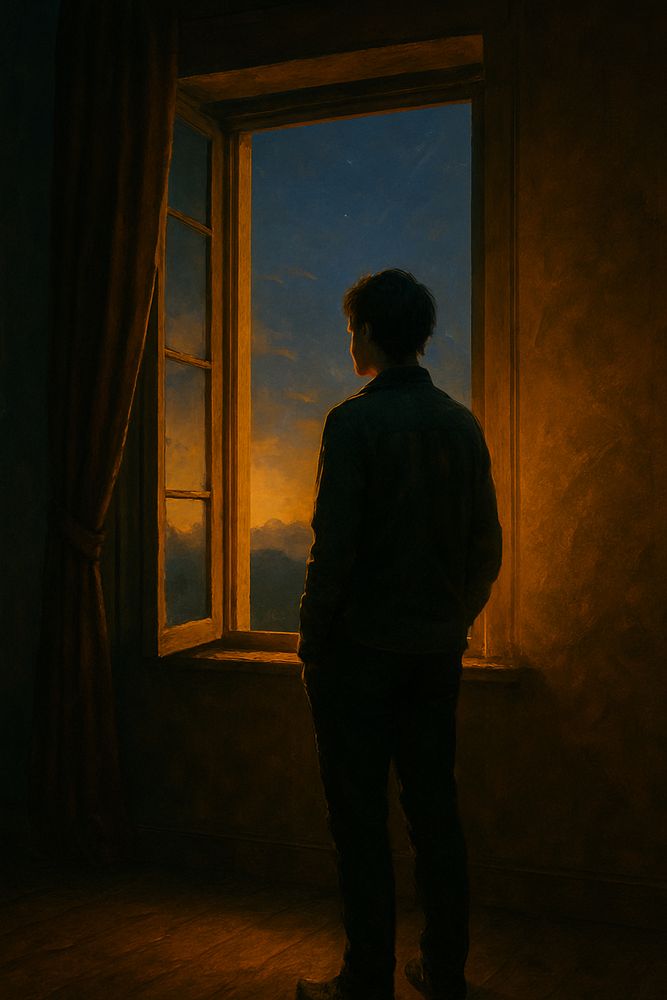 A young figure stands quietly in a softly lit room, facing an open window at dusk. Golden light spills in from the twilight sky beyond, outlining the figure’s silhouette. Outside, the sky glows in warm blue and orange hues. The scene feels still, reflective, and poised on the edge of change.