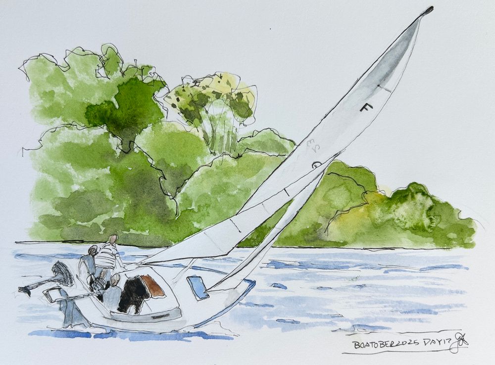 Ink and watercolor of a sailboat making a hard task with greenery in the background