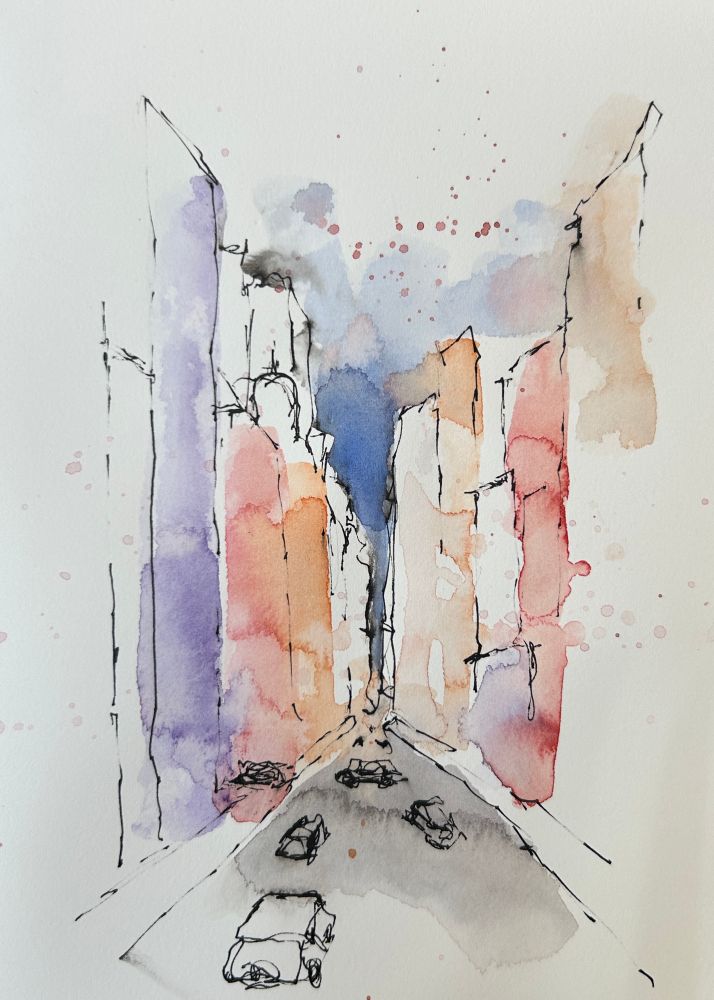 Sketch of a street with a few cars in ink and watercolor