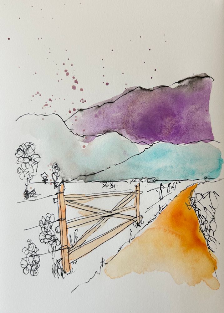 Sketch of a path with a fence in ink and watercolor