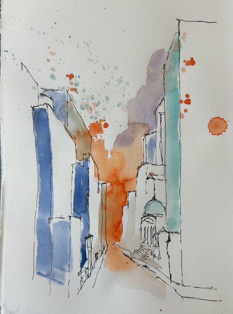 Sketch of a street w tall buildings in ink and watercolor