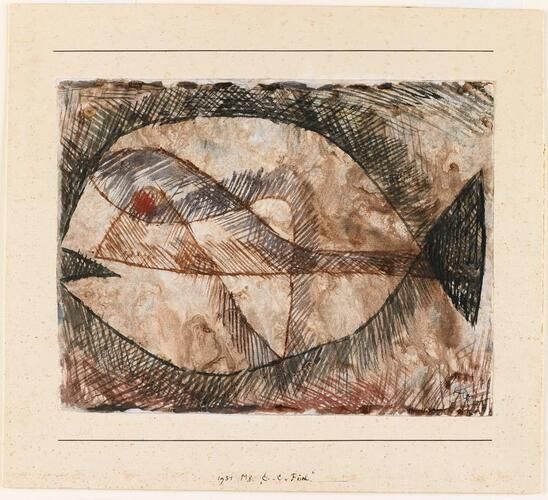 With the title C. - C. = Fisch, Paul Klee emphasizes the creative process at the heart of his drawing. According to the equation, Klee subtracted one letter "C" from another to form the fish's body, with the extended intersection of the two mirrored Cs defining the tail fin. The fish's eye and lateral fin can be discerned among a tangle of expressive, freely-drawn lines that also suggest a sense of motion, as if the fish is swimming forward. Throughout the compostion, Klee emphasizes the basic geometric elements of shape and line that are characteristic of much of his work, while reminding us that the artmaking process itself is the essential part of the picture. The notation "S.cl" on the mount of the drawing means "Sonderclasse," or "Special class" in English. It was inscribed by Klee to identify those works he especially liked.