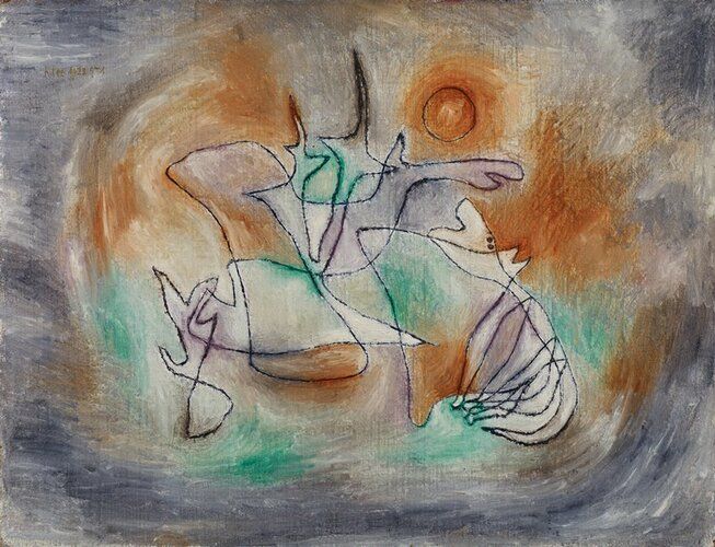 Purple, green, orange and white abstraction of a dog howling at the moon. Stylistic and formal differentiation of art.
Klee's playful depiction of a solitary dog baying at a radiant moon exemplifies the artist's reliance on a linear style of representation. Using a series of sinuous lines, Klee creates a harmonious arrangement of three distinct forms: a dog, the moon, and in an unusual but charming visualization of sound, the dog's extended howl. Placed at the center of an amorphous ground of swirling colors, the dog's howl assumes a dominant pictorial role, winding, bending on itself, hanging in the night air like a wisp of smoke, while representing a visual as well as temporal record of the emanating sound. Klee's two-dimensional composition effectively supplants traditional spatial illusion, revealing a simple, yet elegant ideogram for the painting's whimsical subject.
