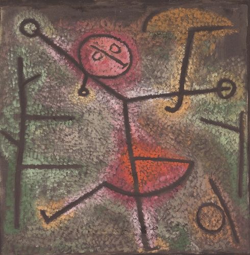Directly affected by the Nazis’ ascent to power, Paul Klee was dismissed in 1933 from his teaching post at Dusseldorf Academy, where he had spent two years after leaving the Bauhaus. Exiled to Switzerland, Klee suffered physically and psychologically, and his artistic output diminished significantly. Between 1937 and 1940, however, Klee regained artistic momentum and produced several hundred paintings and over 1,500 drawings. In these later works, Klee continued to experiment with unusual media and techniques to produce multidimensional effects. Dancing Girl also reveals Klee’s limitless humor—his signature at the lower right was made by a monogrammed handkerchief, which he laid over the surface to begin his painting.

Gift of George B. Young