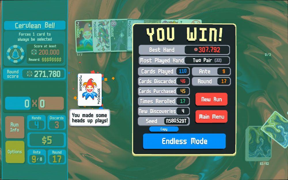 Victory screen in Balatro