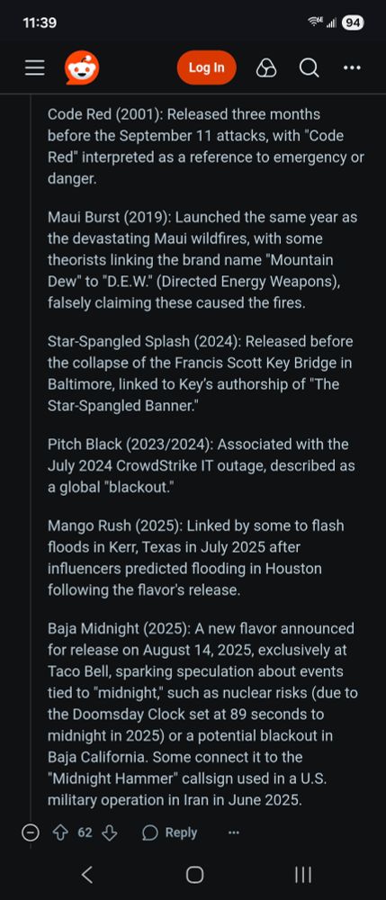 A lot of nonsense from reddit describing various doomsday theories based on Mountain Dew flavors.