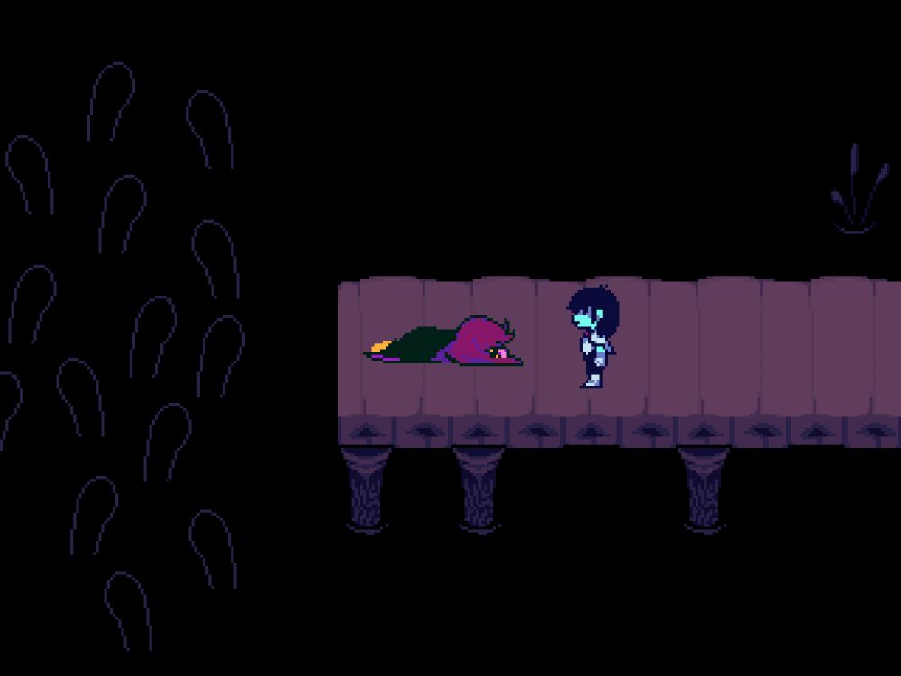 Kris checking on Susie, who is asleep at the end of a boardwalk
