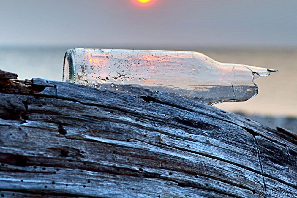 A broken bottle on driftwood captures the sunrise reflection 