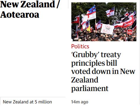A screenshot of a news headline declaring a parliamentary bill aimed at heavily altering the Treaty of Waitangi in Aotearoa NZ is voted down.