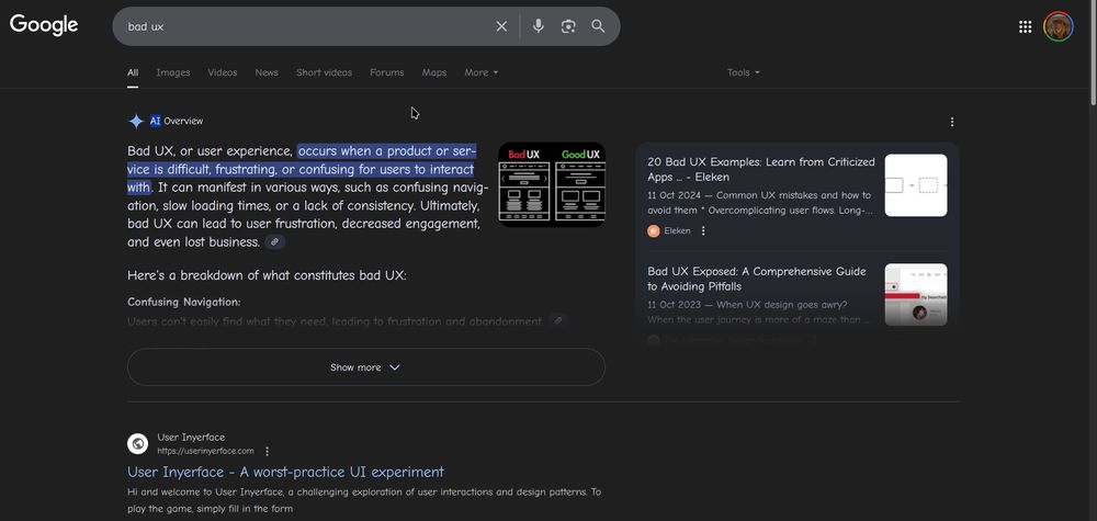 Screenshot of a Google search results page for "bad ux". The AI Overview section states, "Bad UX, or user experience, occurs when a product or service is difficult, frustrating, or confusing for users to interact with." Below this is a link to "User Inyerface - A worst-practice UI experiment" and other search results. The fonts are all Comic Sans.