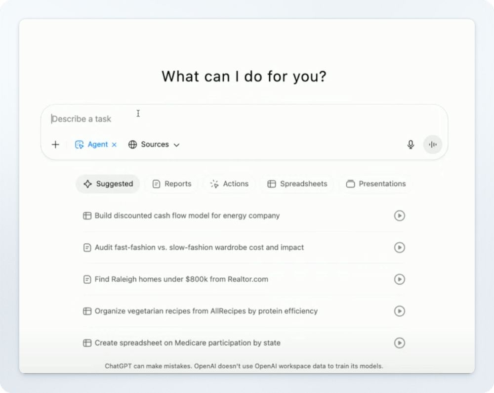 Screenshot of the ChatGPT interface with the prompt "What can I do for you?" and suggested tasks like building financial models and auditing wardrobes.