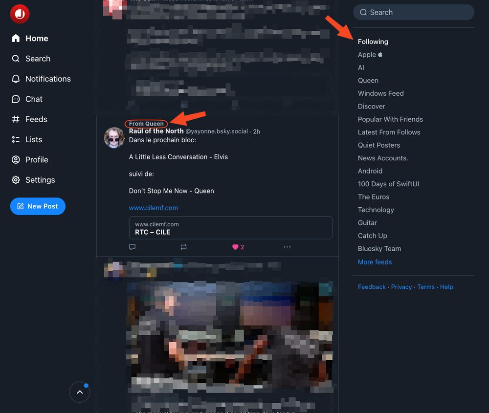 Image of the following tab on Bluesky with a skeet from a Queen feed I follow.