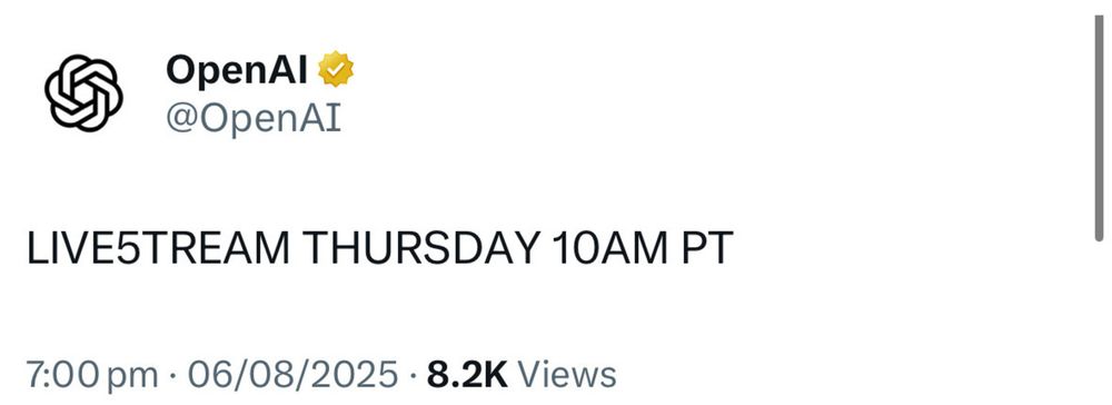 OpenAI announces a livestream scheduled for Thursday at 10 AM PT.