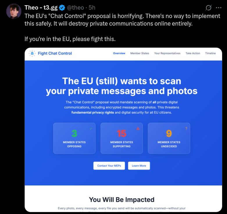 Screenshot of a tweet by @theo, expressing concern over the EU's "Chat Control" proposal. The tweet states, "The EU's 'Chat Control' proposal is horrifying. There's no way to implement this safely. It will destroy private communications online entirely. If you're in the EU, please fight this." Below the tweet is a screenshot of a website titled "Fight Chat Control" with the headline "The EU (still) wants to scan your private messages and photos." The website text states, "The 'Chat Control' proposal would mandate scanning of all private digital communications, including encrypted messages and photos. This threatens fundamental privacy rights and digital security for all EU citizens." It shows "3 MEMBER STATES OPPOSING", "15 MEMBER STATES SUPPORTING", and "9 MEMBER STATES UNDECIDED". The website also states, "You Will Be Impacted. Every photo, every message, every file you send will be automatically scanned—without your..."