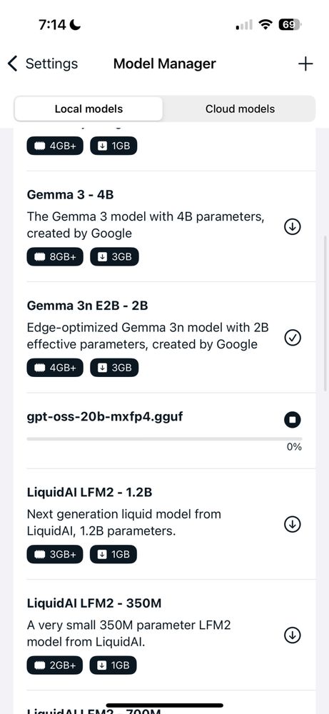 A user interface displays a model manager with options such as "Gemma 3 - 4B," "Gemma 3n E2B - 2B," and "LiquidAI LFM2 - 350M," each showing parameters and creators.