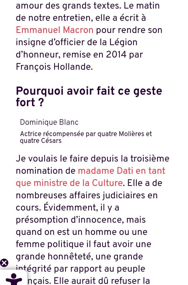 Dominique Blanc raconte qu'elle a rendu sa Légion d'honneur à Macron lorsque Rachida Dati a de nouveau été nommée Ministre de la Culture