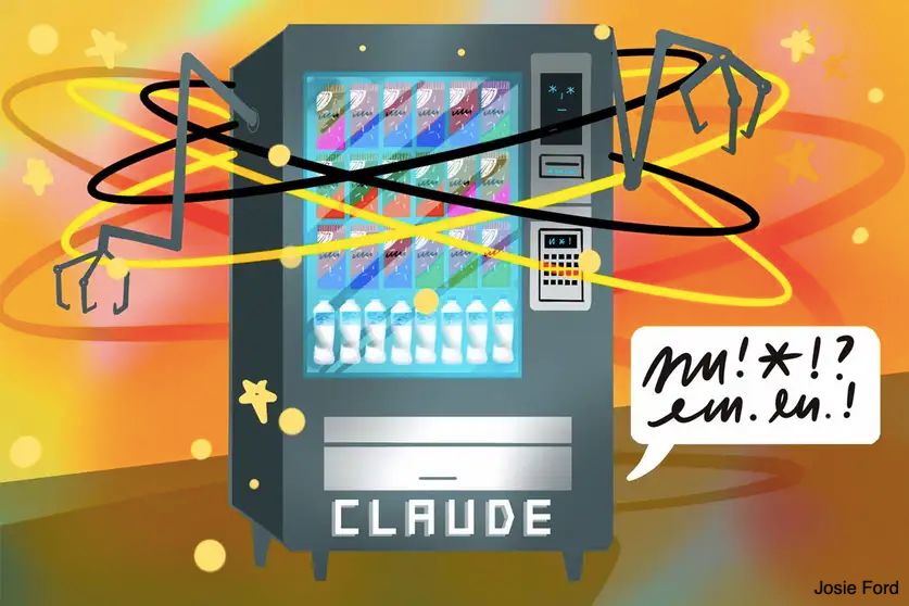 A cartoon showing a vending machine with robot arms, with "CLAUDE" written in white letters at the bottom. It is surrounded by whizzing lights and has a speech bubble filled with unintelligible letters and symbols. Credit: Josie Ford
