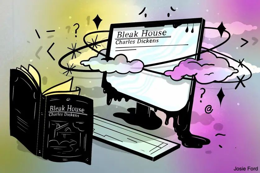 A cartoon showing a copy of Bleak House by Charles Dickens, with a black cover, sitting upright. Next to it is a computer with Bleak House: Charles Dickens on the screen. The computer is melting and surrounded by whizzing clouds and other magical energy. Credit: Josie Ford
